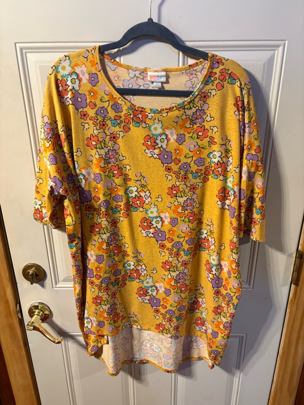 LuLaRoe 2XL Floral Top Yellow Multicolor High Low Short Sleeve Plus Size 2XL